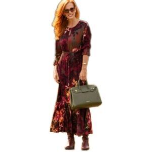 Soft Surroundings XL Burgundy Floral  Academia  Midi Cottage Core Women's Dress